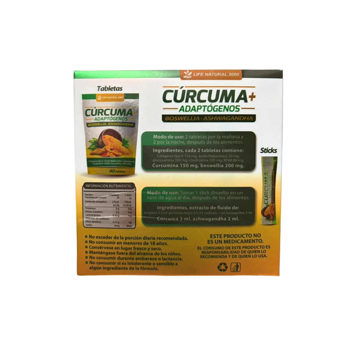 Cúrcuma + Adaptógenos con Boswellia y Ashwagandha – 40 Tabletas + 10 Sticks