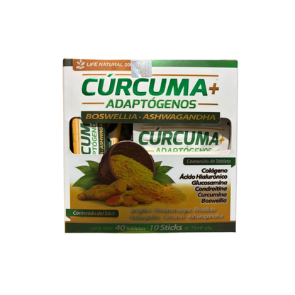 Cúrcuma + Adaptógenos con Boswellia y Ashwagandha – 40 Tabletas + 10 Sticks