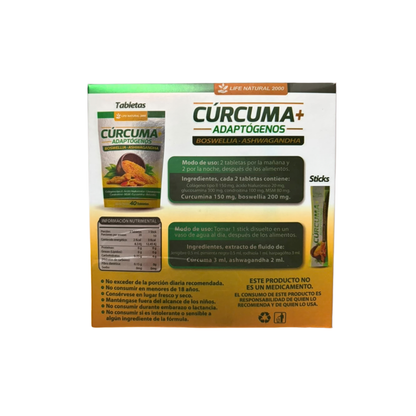 Cúrcuma + Adaptógenos con Boswellia y Ashwagandha – 40 Tabletas + 10 Sticks